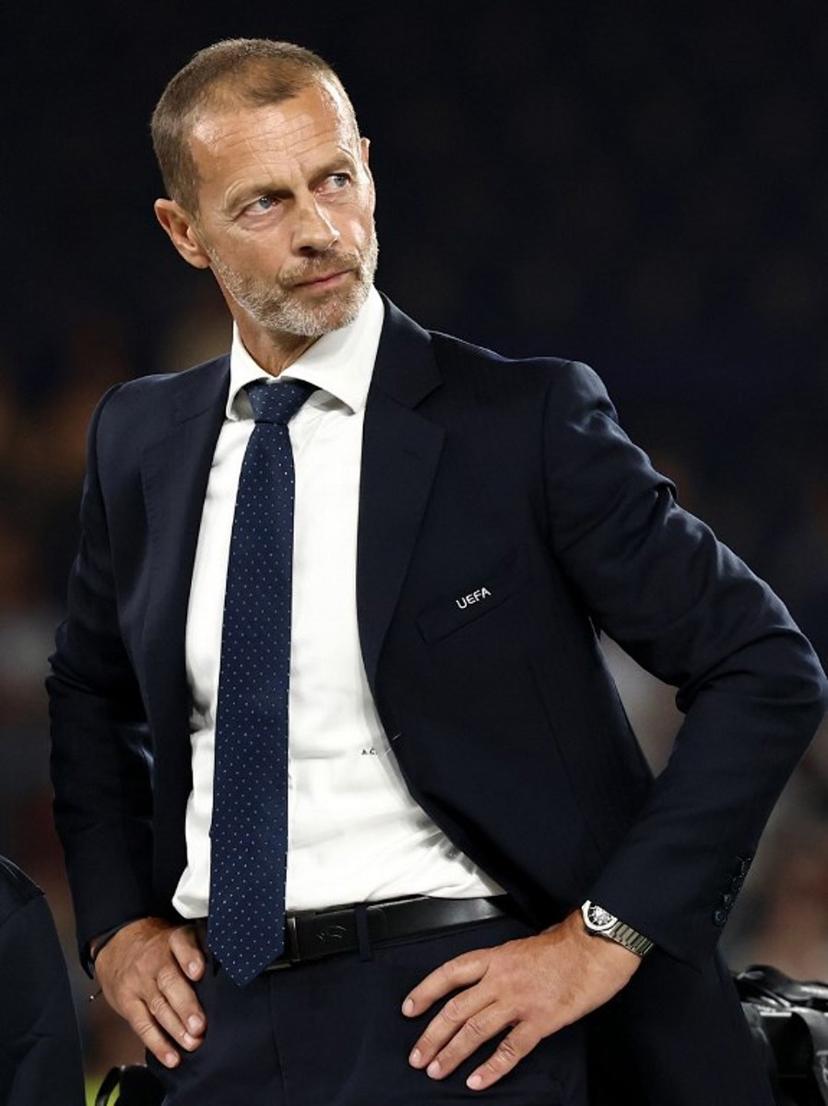 UEFA President Aleksander Ceferin looks on at the end of the UEFA Supercup football match between Champions League winners Paris Saint Germain (PSG) and Europa League winners Aston Villa in Salzburg, Austria on August 12, 2026.  FRANCK FIFE / AFP