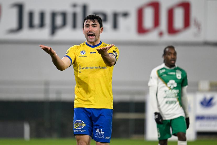 Beveren's Liam Kerrigan reacts during a soccer match between SK Beveren and RAAL La Louviere, Sunday 12 January 2025 in Beveren-Waas, on day 17 of the 2024-2025 'Challenger Pro League' 1B second division of the Belgian championship. BELGA PHOTO TOM GOYVAERTS