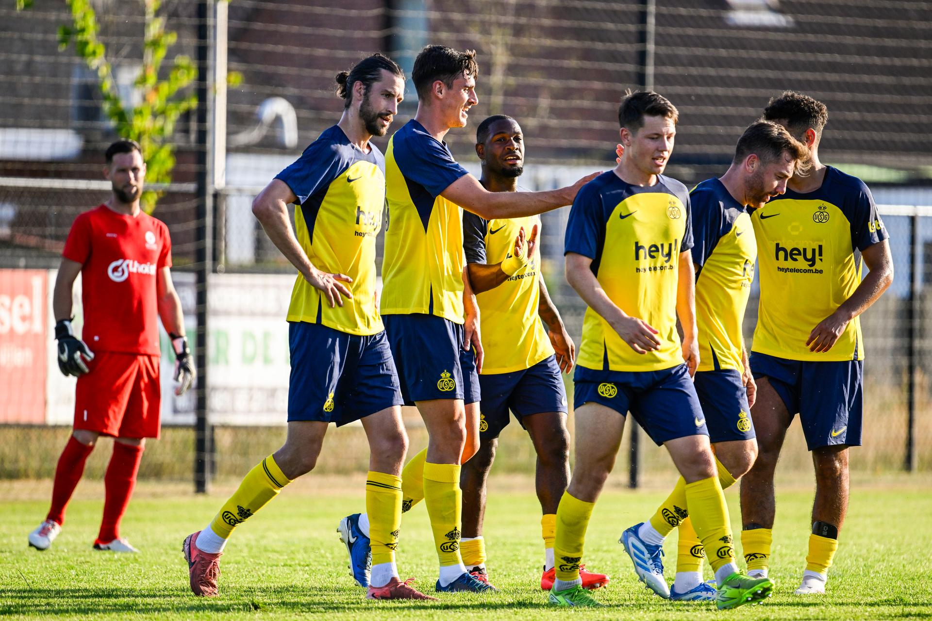 Union's Ross Sykes celebrates after scoring during a friendly game between Union Saint-Gilloise and Union Rochefortoise, Tuesday 01 July 2025 in Nijlen, in preparation of the upcoming 2025-2026 season. BELGA PHOTO TOM GOYVAERTS
