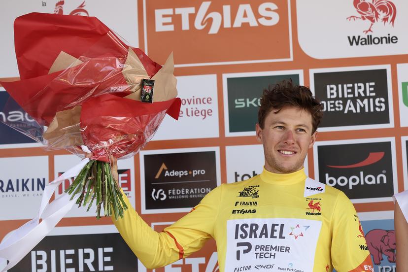 New Zealander Corbin John Strong of Israel-Premier Tech wearing the yellow jersey of leader in the points ranking after the third stage of the Tour De Wallonie cycling race, from Estinnes to Antoing (165,3km), on Monday 28 July 2025. BELGA PHOTO BRUNO FAHY