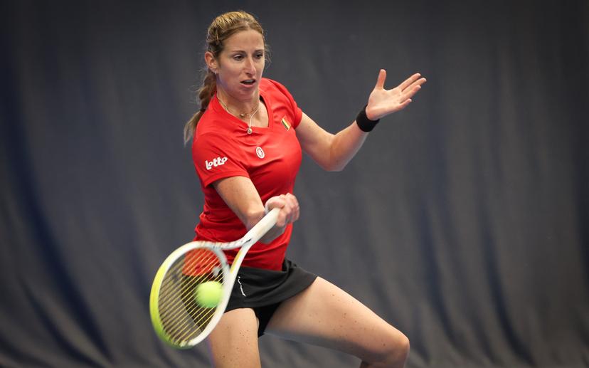 Belgian Magali Kempen and pictured in action during a training session ahead of the meeting between Greece and Belgium, in the qualifiers of the Billie Jean King Cup tennis, in Vilnius, Lithuania on Monday 07 April 2025. PHOTO VIRGINIE LEFOUR