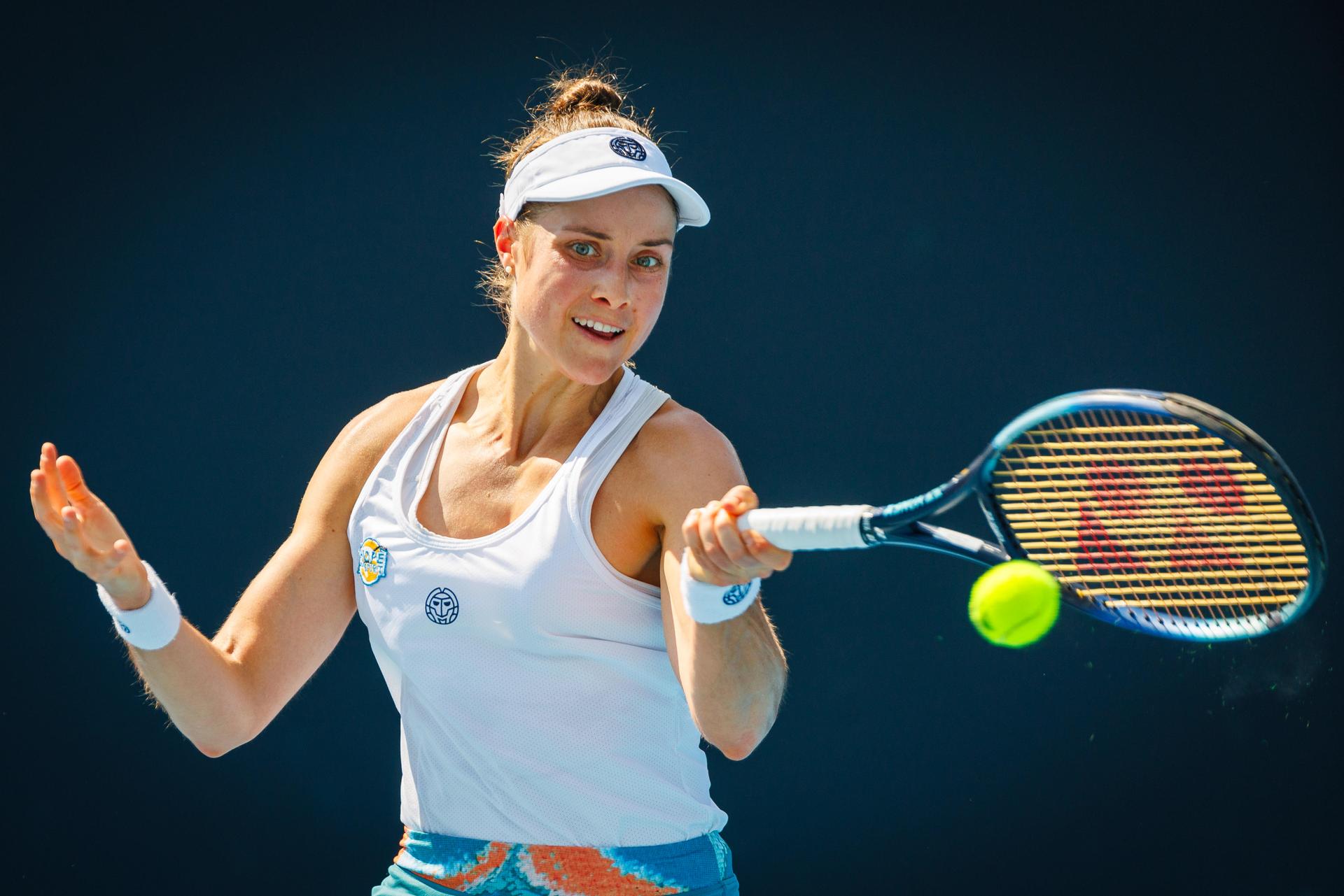 Belgian Marie Benoit pictured during a women's qualifying singles second round game between Belgian Marie Benoit and Polish Maja Chwalinska, at the 'Australian Open' Grand Slam tennis tournament, Wednesday 08 January 2025 in Melbourne Park, Melbourne, Australia. The 2025 edition of the Australian Grand Slam takes place from January 12th to January 26th. Benoit lost her second game 1-6, 6-3, 1-6. BELGA PHOTO PATRICK HAMILTON