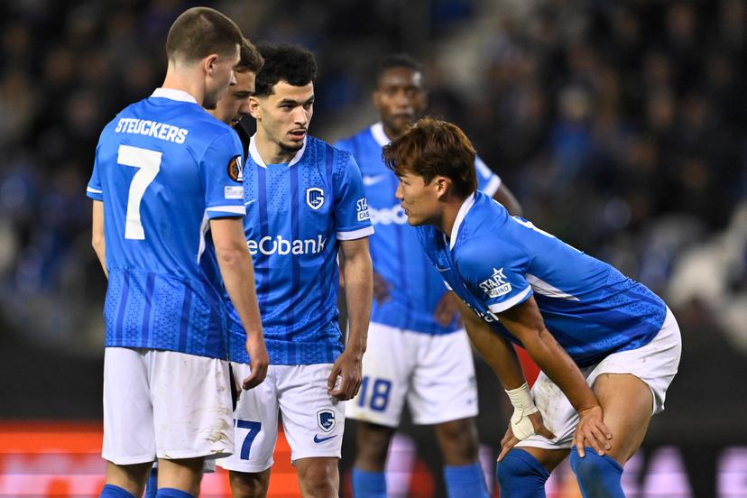 Genk's Jarne Steuckers, Genk's Konstantinos Kos Karetsas, Genk's Zakaria El Ouahdi and Genk's Hyeon-Gyu Oh pictured during a soccer game between Belgian KRC Genk and Hungarian Ferencvarosi TC, on Thursday 02 October 2025, in Genk, in the second game (out of 8) in the league phase of the UEFA Europa League competition. BELGA PHOTO JOHAN EYCKENS