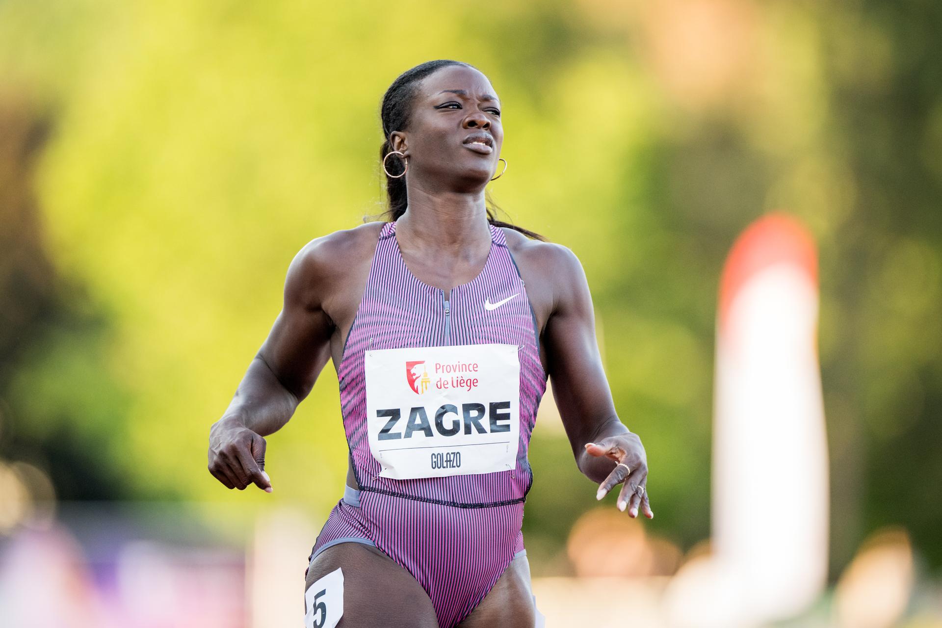 Belgian Anne Zagre pictured in action during the women's 100m hurdles race, at the 2024 edition of the 'Meeting International d'Athletisme de la Province de Liege' athletics event in Liege, Wednesday 19 June 2024. BELGA PHOTO JASPER JACOBS