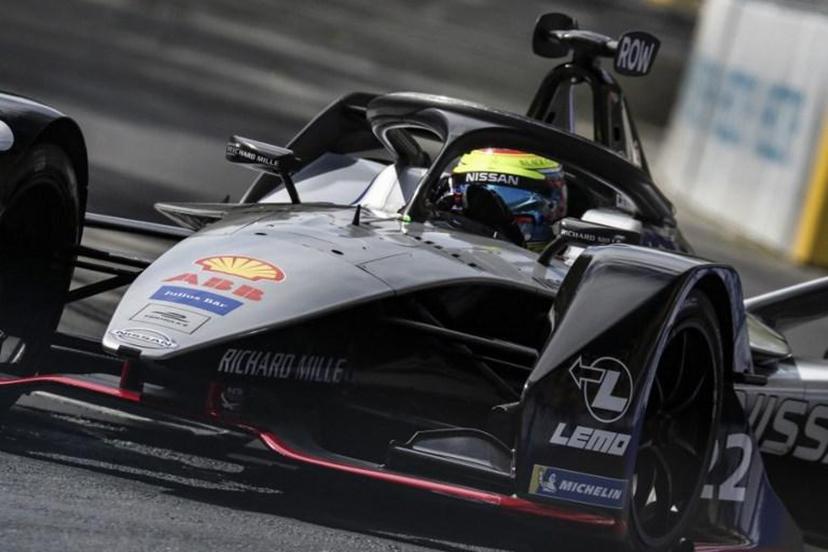 Nissan e.dams's british driver Oliver Rowland steers his car during the practice session of the Paris-Prix leg of the Formula E season 2018-2019 electric car championship in the French capital Paris on April 27, 2019.  KENZO TRIBOUILLARD / AFP