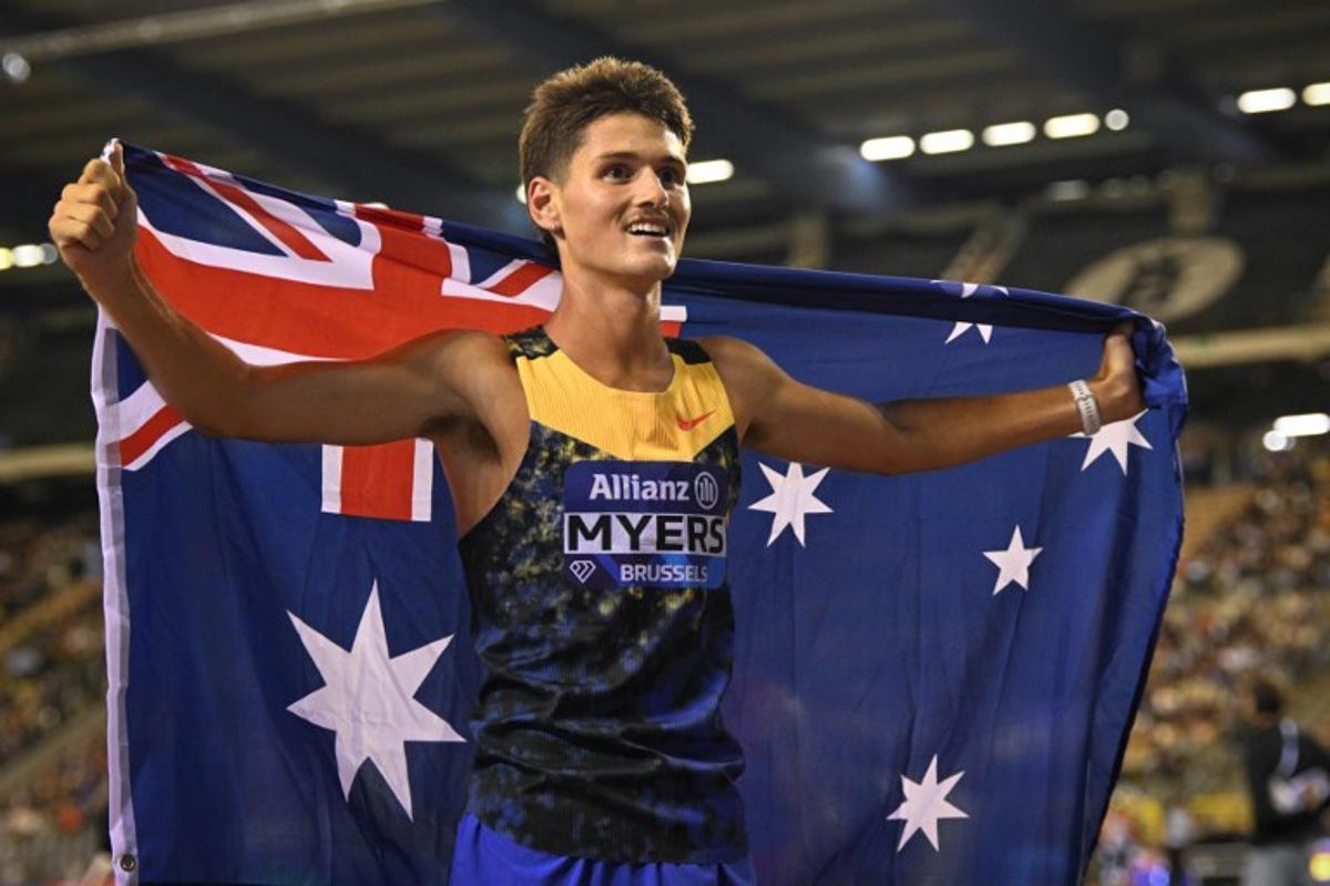 Australia's Cameron Myers celebrates after winning the men's 1500m final during the World Athletics Diamond League athletics meeting at the King Baudouin Stadium in Brussels, on September 4, 2026.  JOHN THYS / AFP