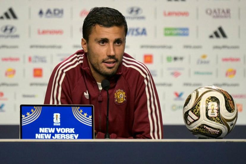 Spain's midfielder #16 Rodri gives a press conference two days ahead of the 2026 World Cup football tournament final match between Spain and Argentina at the Javits Center in New York on July 17, 2026.   JUAN MABROMATA / AFP