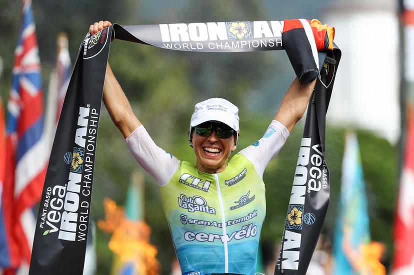 British Anna Haug crosses the finish line to win the Hawaii Ironman triathlon race, Saturday 12 October 2019, in Kailua, Kona, Hawaii, USA. BELGA PHOTO DAVID PINTENS