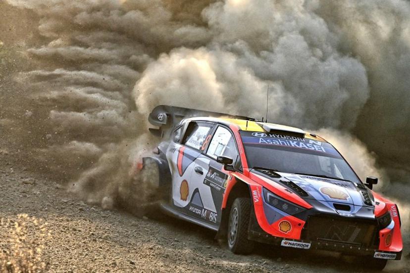 Estonia's Ott Tanak and his co-driver Martin Jarveoja driver their Hyundai i20 N Rally1 at the special stage Agioi Theodoroi during the Acropolis Rally in Agioi Theodoroi on June 27, 2025.  Valerie GACHE / AFP