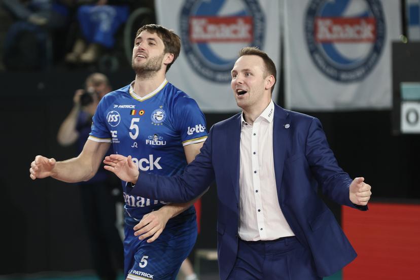 Roeselare's Pieter Coolman and Roeselare's head coach Steven Vanmedegael celebrate after winning a volleyball match between Greenyard Maaseik and Knack Roeselare, Sunday 28 April 2024 in Maaseik, the last match of the best-of-five finals in the Play Offs of the Belgian volleyball competition. BELGA PHOTO BRUNO FAHY