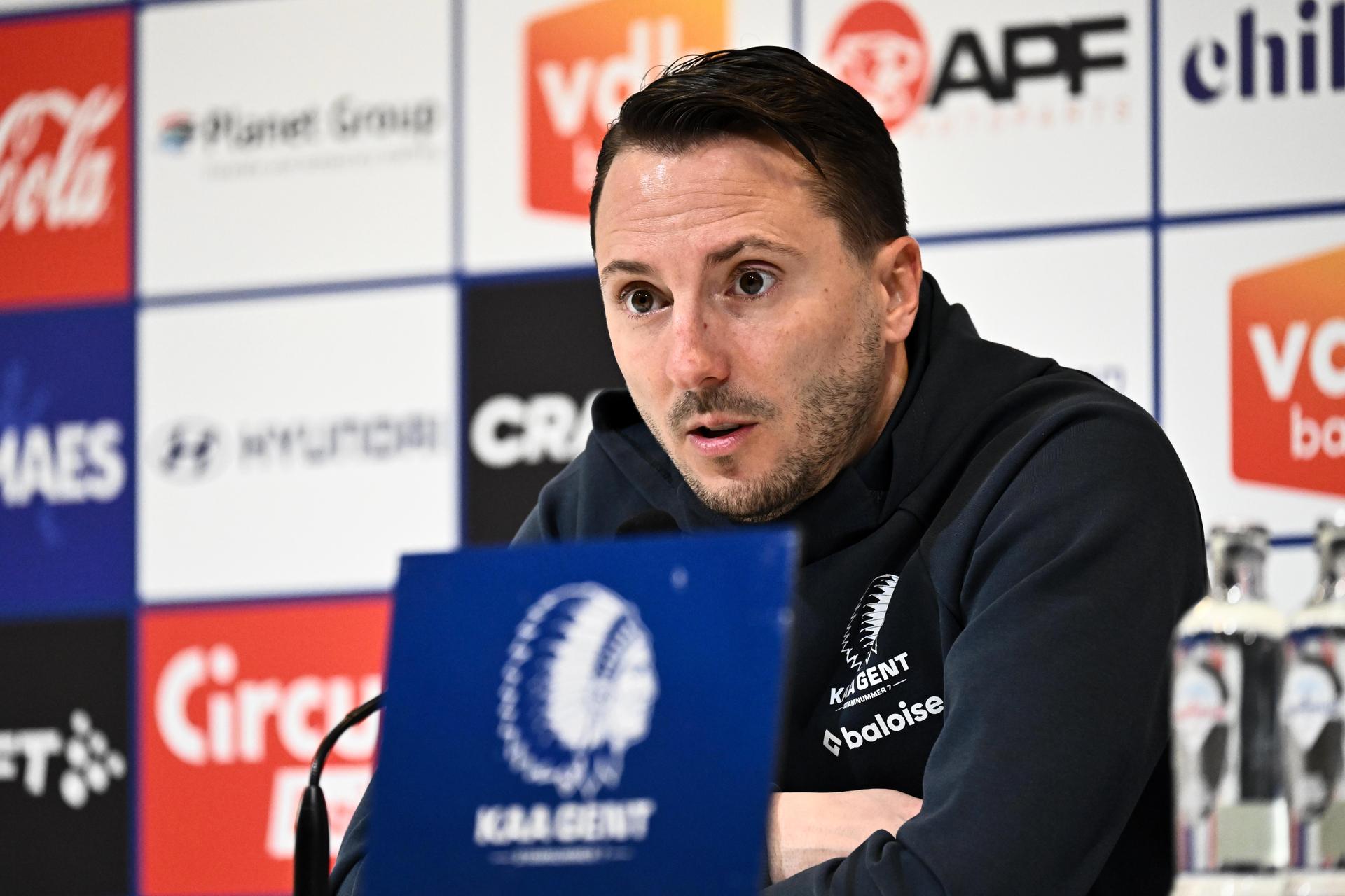Gent's head coach Danijel Milicevic pictured during the coaches press conference after a soccer game between KAA Gent and KV Kortrijk, Sunday 16 March 2025 in Gent, on day 30 of the 2024-2025 season of the "Jupiler Pro League" first division of the Belgian championship. BELGA PHOTO MAARTEN STRAETEMANS