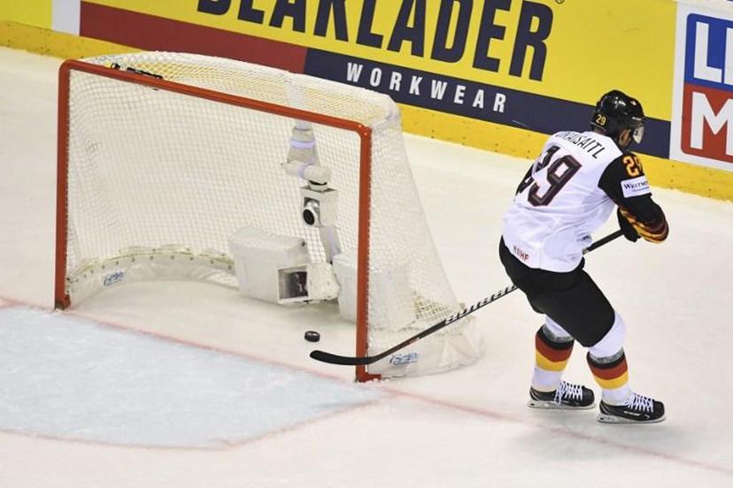 Germany's forward Leon Draisaitl score his side's 4th goal during the IIHF Men's Ice Hockey World Championships Group A match between Finland and Germany on May 21, 2019 in Kosice, Slovakia.  JOE KLAMAR / AFP
