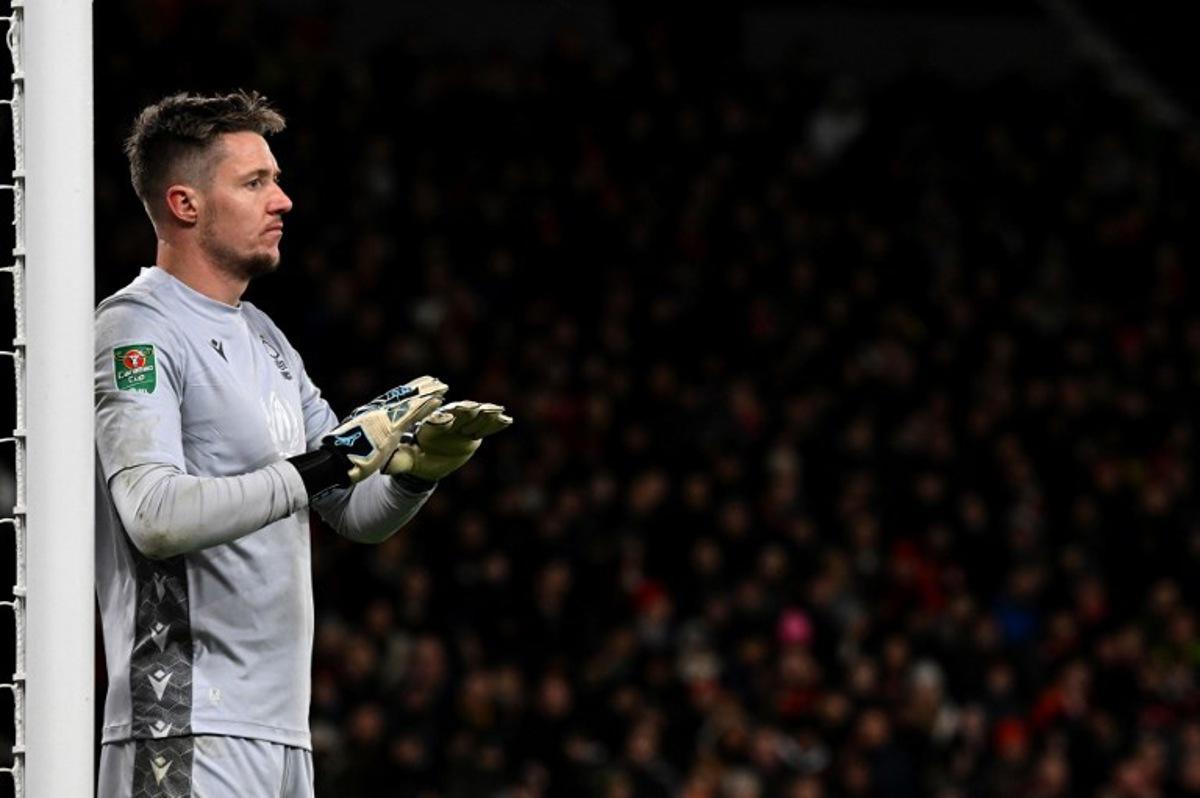 Nottingham Forest's Welsh goalkeeper Wayne Hennessey reacts during the English League Cup semi-final second-leg  football match between Manchester United and Nottingham Forest at Old Trafford in Manchester, north west England, on February 1, 2023.  Paul ELLIS / AFP