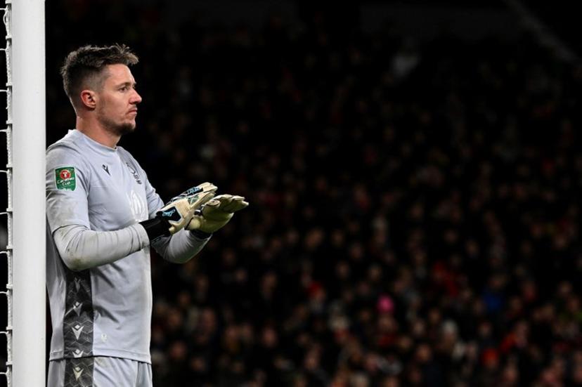 Nottingham Forest's Welsh goalkeeper Wayne Hennessey reacts during the English League Cup semi-final second-leg  football match between Manchester United and Nottingham Forest at Old Trafford in Manchester, north west England, on February 1, 2023.  Paul ELLIS / AFP