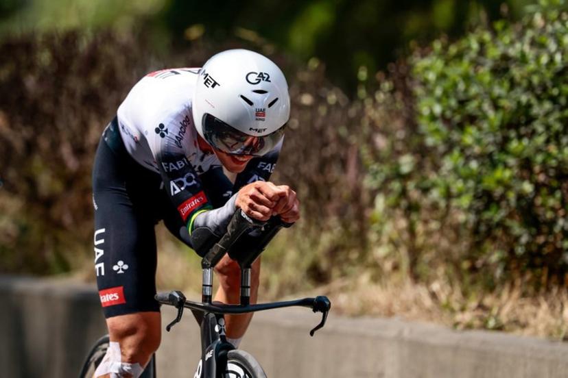 UAE Team Emirates XRG's Australian rider Jay Vine competes during the second stage of the 108th Giro d'Italia cycling race, a 13.7km individual time-trial from Tirana to Tirana in Albania, on May 10, 2025.  Luca Bettini / AFP