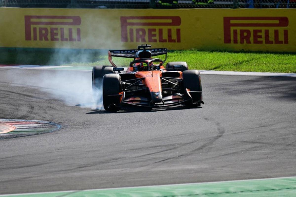 smoke billows from the car of McLaren's Australian driver Oscar Piastri during the qualifying session of the Italian Formula One Grand Prix at the Autodromo Nazionale Monza circuit in Monza, northern Italy on September 5, 2026.  Andrej ISAKOVIC / AFP