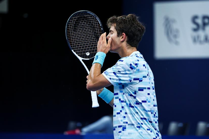 Belgian Gilles-Arnaud Bailly looks dejected during a tennis match in the round of 32 of the singles competition at the ATP European Open Tennis tournament in Antwerp, Wednesday 16 October 2024. BELGA PHOTO DAVID PINTENS