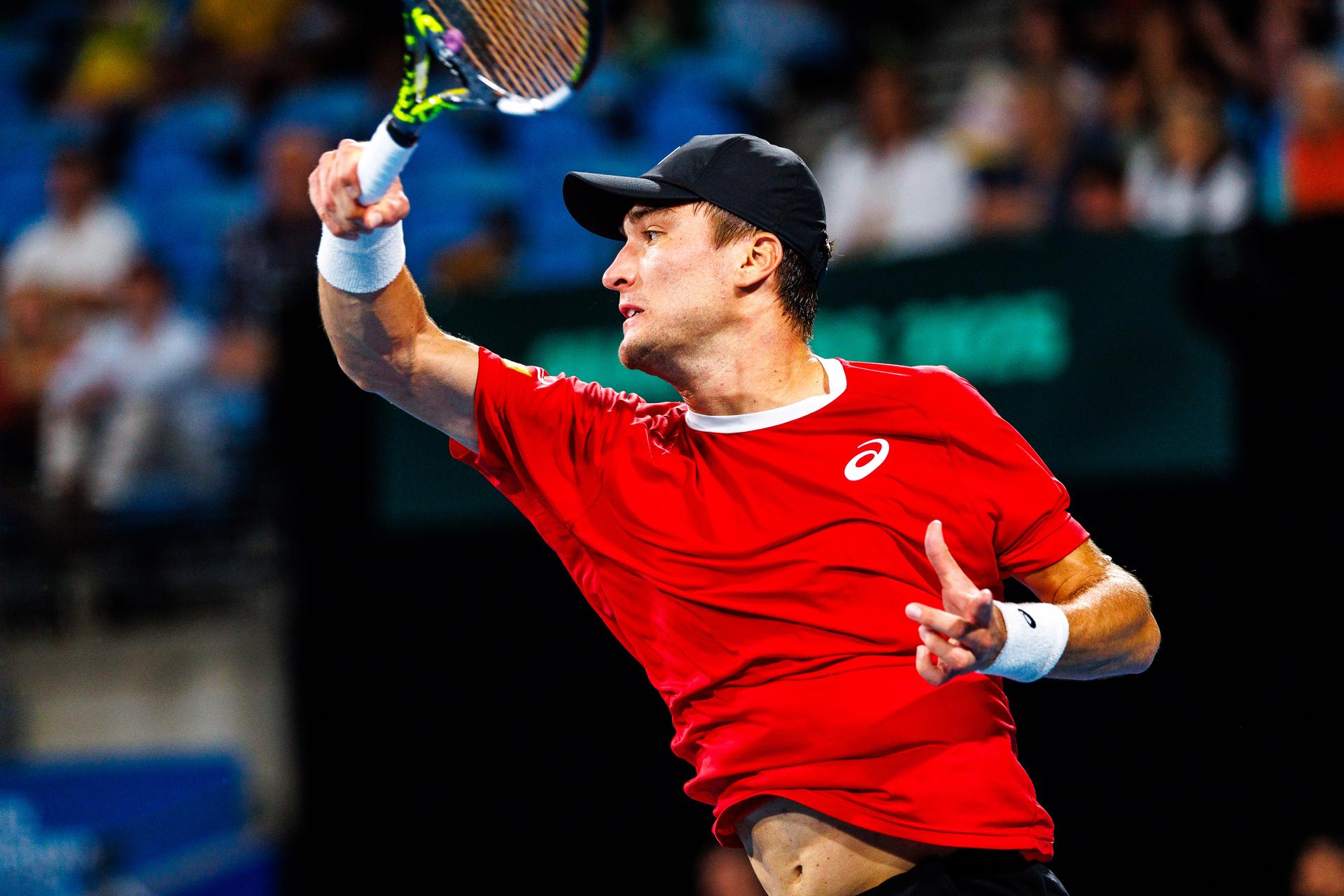 Belgian Raphael Collignon pictured in action duringa a tennis match between Belgian Collignon and Australian Thompson, during the qualifier of the Davis Cup, Sunday 14 September 2025, in Sydney, Australia. Belgium and Australia will compete this weekend in the second round of the Davis Cup qualifiers. BELGA PHOTO PATRICK HAMILTON