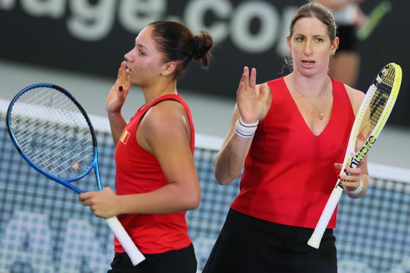 Belgian Sofia Costoulas and Belgian Magali Kempen pictured during the third game, a double game between Belgian pair Costoulas-Kempen and Turkish pair Aksu-Oz, in the Billie Jean King Cup Play-offs, between Belgium and Turkey, on Saturday 15 November 2025 in Ismaning, Germany. PHOTO BENOIT DOPPAGNE
