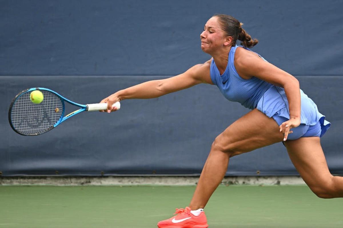 Sofia Costoulas of Belgium competes  against Katie Volynets of the United States during the Women's Qualifying Singles 1st round at the USTA Billie Jean King National Tennis Center in Flushing Meadow-Corona Park, in the Queens borough of New York, NY, August 18, 2025. (Photo by Anthony Behar/SipaUSA)