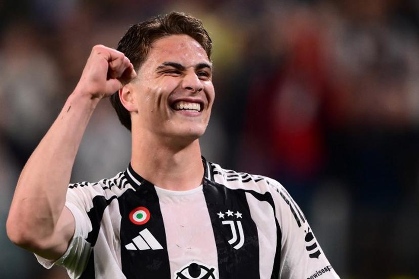 Juventus' Turkish midfielder #10 Kenan Yildiz celebrates after scoring a goal during the Italian Serie A football match between Juventus and Lecce at the Juventus Stadium in Turin on April 12, 2025.   MARCO BERTORELLO / AFP