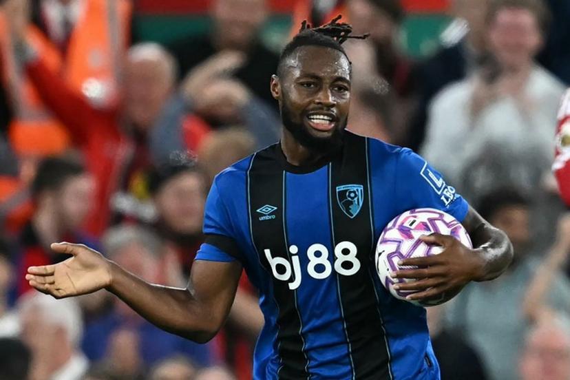 Bournemouth's Ghanaian striker #24 Antoine Semenyo celebrates after scoring their first goal during the English Premier League football match between Liverpool and Bournemouth at Anfield in Liverpool, north west England on August 15, 2025.  Paul ELLIS / AFP