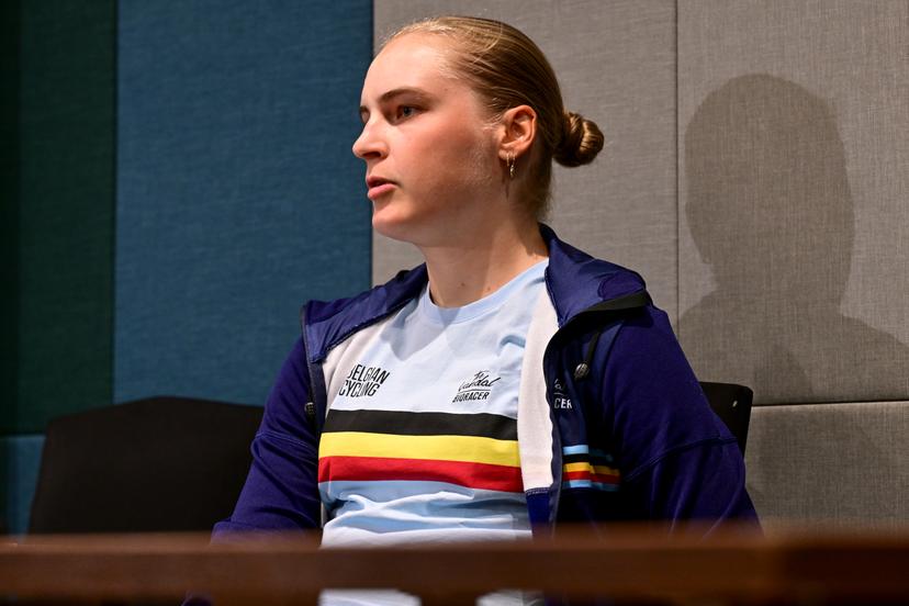 Belgian Marthe Goossens pictured during a press conference before the cycling road World Championship, in Kigali, Rwanda, Friday 19 September 2025. The road world championships are taking place from 21 to 28 September. BELGA PHOTO DIRK WAEM