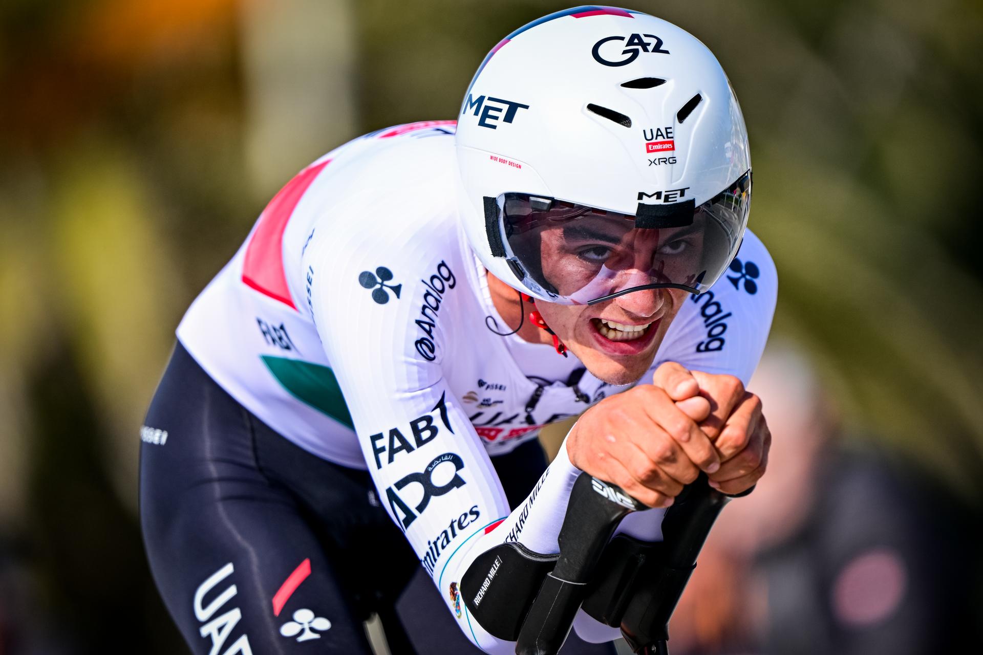 Mexican Isaac Del Toro of UAE Team Emirates-XRG pictured in action during the first stage of the Tirreno-Adriatico cycling race, a 11,5km individual time trial in Lido di Camaiore, Italy, Monday 09 March 2026. BELGA PHOTO DIRK WAEM