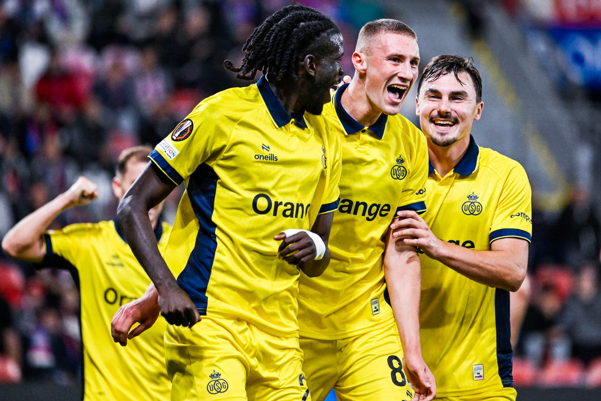Union's Ondrej Kricfalusi and Union's Mateo Biondic celebrate after scoring during a soccer game between Czech FC Viktoria Plzen and Belgian Royale Union Saint-Gilloise, Thursday 17 September 2026 in Plzen, Czech Republic, on the first day (out of 8) in the league phase of the UEFA Europa League competition. BELGA PHOTO TOM GOYVAERTS