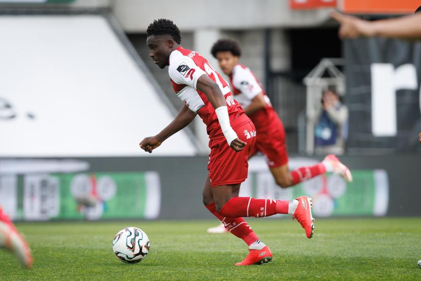 Essevee's Joseph Opoku pictured in action during a soccer match between SV Zulte Waregem and FCV Dender EH, Saturday 09 May 2026 in Waregem, on the sixth and last day of the Relegation Play-offs of the 2025-2026 'Jupiler Pro League' first division of the Belgian championship. BELGA PHOTO KURT DESPLENTER