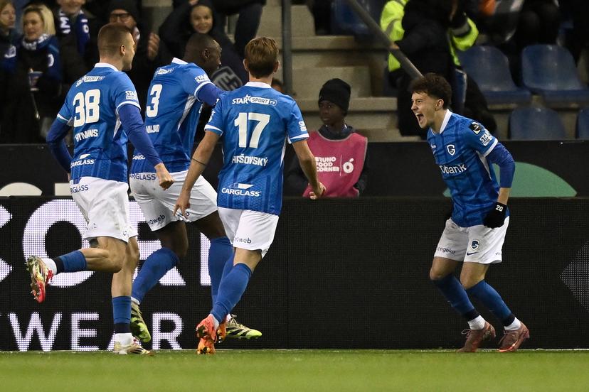 Genk's Mujaid Sadick and Genk's Konstantinos Kos Karetsas celebrate after scoring during a soccer match between KRC Genk and Oud-Heverlee Leuven, Sunday 30 November 2025 in Genk, a game of day 16 of the 2025-2026 'Jupiler Pro League' first division of the Belgian championship. BELGA PHOTO JOHAN EYCKENS