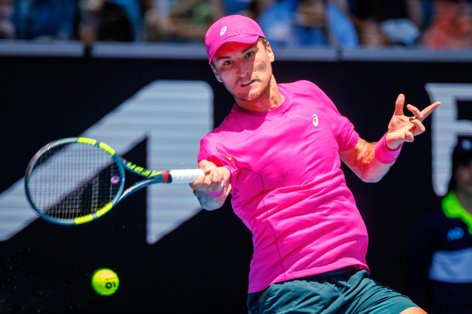 Belgium's Raphael Collignon (ATP 72) pictured in action during a first round match against Italy's Musetti (ATP 5) in the men singles at the Australian Open, Melbourne Park, Melbourne on Tuesday 20 January 2026.  BELGA PHOTO PATRICK HAMILTON  --- BENELUX ONLY   ---