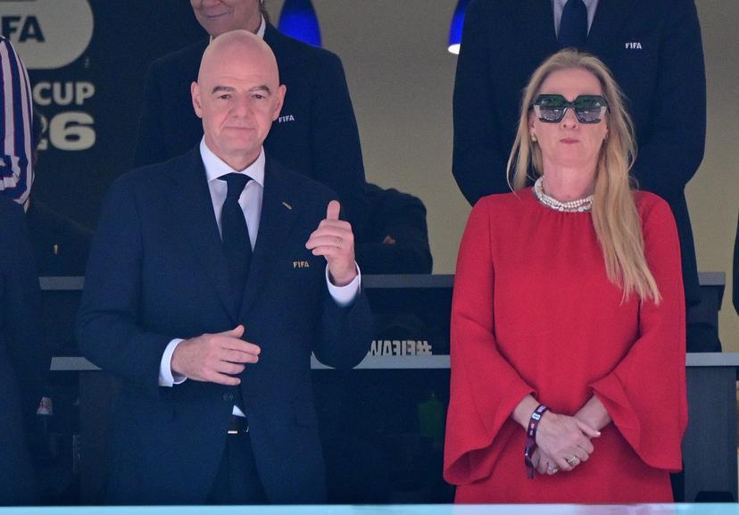 FIFA President Gianni Infantino and RBFA chairwoman Pascale Van Damme pictured during a soccer game between the USA and Belgian national team Red Devils, on Monday 06 July 2026, at the Seattle Field, in Seattle, a 1/8 finals game in the FIFA World Cup 2026. BELGA PHOTO DIRK WAEM