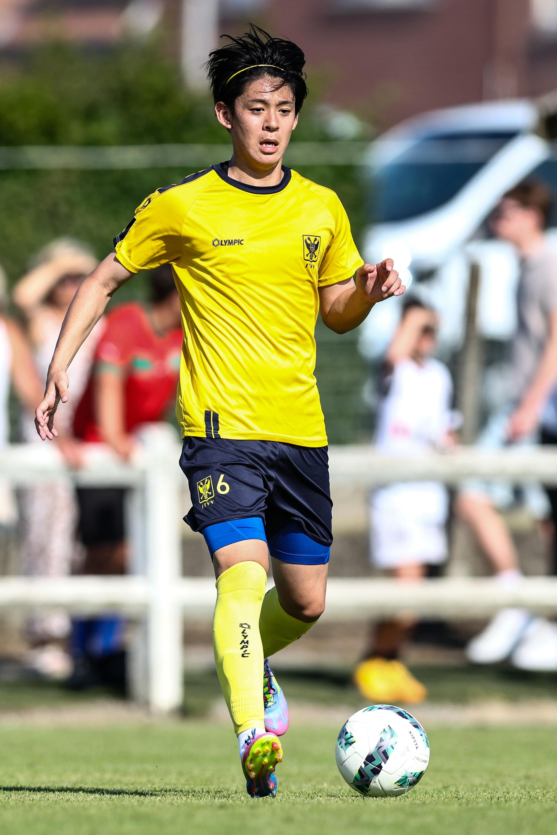 STVV's Rihito Yamamoto pictured in action during a friendly soccer game between amateurs KVV Zepperen-Brustem and first division club Sint-Truidense VV, Saturday 21 June 2025 in Zepperen, Sint-Truiden, in preparation of the upcoming season. BELGA PHOTO BRUNO FAHY