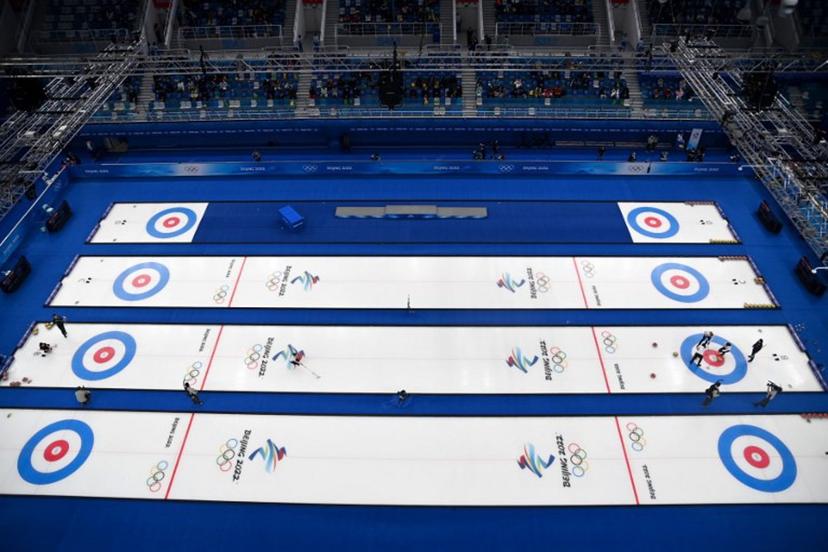 This overview shows a general view of the venue during the women's gold medal game of the Beijing 2022 Winter Olympic Games curling competition between Japan and Great Britain at the National Aquatics Centre in Beijing on February 20, 2022.  Lillian SUWANRUMPHA / AFP