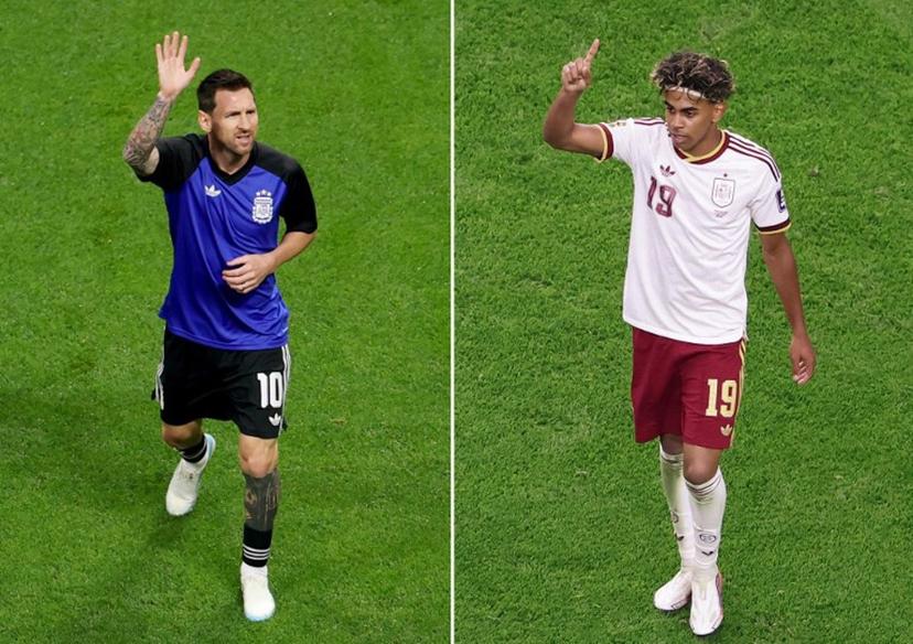 (COMBO) This combination of file photos created on July 18, 2026, shows Argentina's forward #10 Lionel Messi in Atlanta on July 15, 2026 (L); and Spain's forward #19 Lamine Yamal at the Dallas Stadium in Arlington on July 14, 2026. Spain and Argentina will meet in the 2026 World Cup football tournament final match at the New York/New Jersey Stadium in East Rutherford on July 19, 2026. Patricia DE MELO MOREIRA, Aric BECKER / AFP