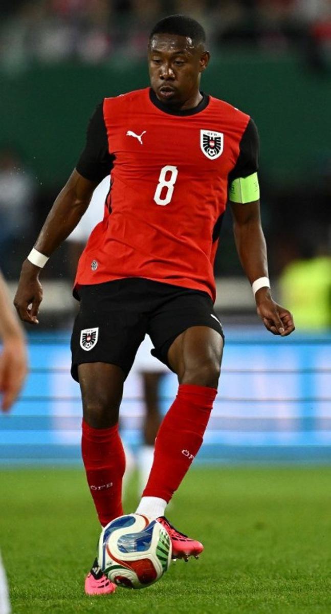 Austria's defender #08 David Alaba plays the ball during the friendly football match between Austria and Tunisia in Vienna, Austria on June 1, 2026 ahead of the 2026 FIFA World Cup football tournament.  Joe Klamar / AFP
