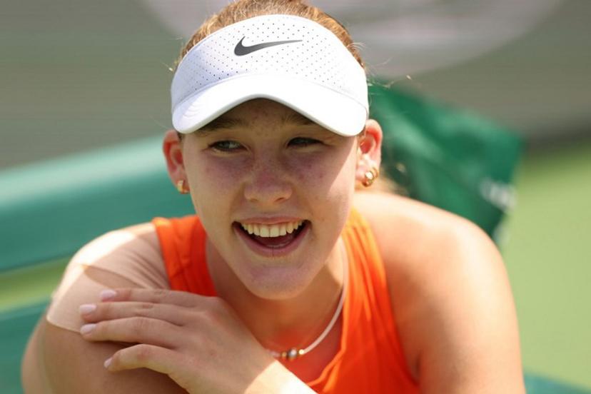 Russia's Mirra Andreeva awaits her trophy ceremony after defeating Belarus' Aryna Sabalenka during the women's singles final tennis match at the BNP Paribas Open at the Indian Wells Tennis Garden in Indian Wells, California, on March 16, 2025.  Patrick T. Fallon / AFP