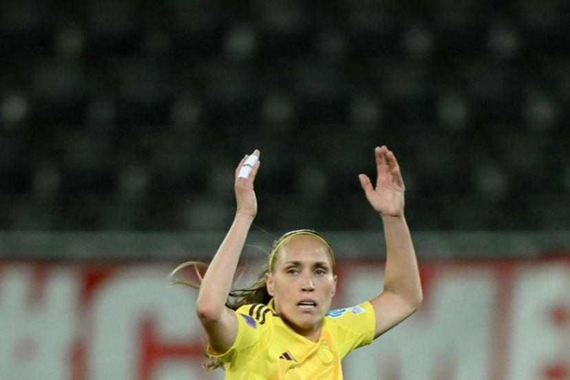 Belgium's defender #11 Janice Cayman reacts at the end of the first half of the UEFA Women's Nations League Group A3 football match between Belgium and England at the Den Dreef stadium in Heverlee, outside Leuven, on April 8, 2025.  NICOLAS TUCAT / AFP