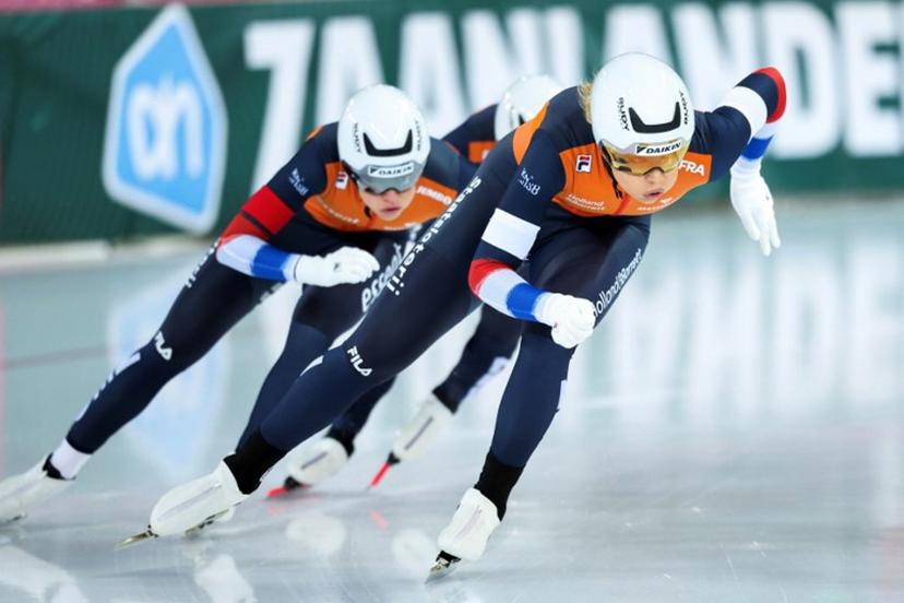 The Netherlands' Jutta Leerdam, Suzanne Schulting and Angel Daleman compete during the women's team sprint race of the ISU World Speed Skating Championships in Hamar, Norway on March 13, 2025.  Geir Olsen / NTB / AFP