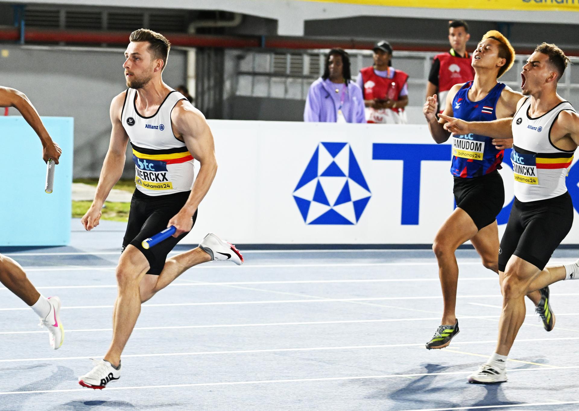 Belgian Ward Merckx and Belgian Kobe Vleminckx pictured during the men's 4x100m heats at the IAAF World Athletics Relays, Saturday 04 May 2024, at the Thomas A. Robinson National Stadium in Nassau, The Bahamas. BELGA PHOTO ERIK VAN LEEUWEN