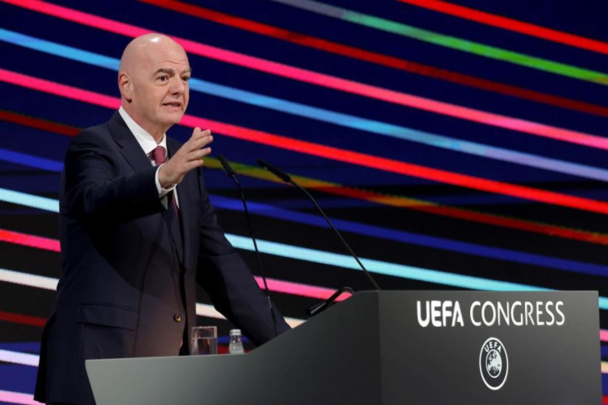President of FIFA Gianni Infantino addresses the audience during the 49th UEFA ordinary Congress held at the "Sava Centar" congress center in Belgrade on April 3, 2025.  PREDRAG MILOSAVLJEVIC / AFP