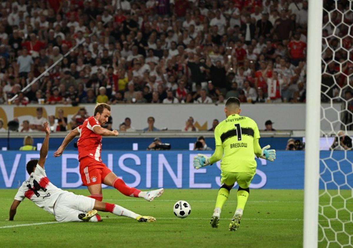 Bayern Munich's English forward #09 Harry Kane (2nd L) fails to score during the Franz-Beckenbauer Supercup football match between VfB Stuttgart and FC Bayern Munich in Stuttgart, southern Germany on August 16, 2025. Originally established in 1987 by the German Football Association (DFB) as the as the DFB-Supercup, The Franz Beckenbauer Supercup, is a single football match between the Bundesliga champion and the DFB-Pokal winner, organized by the German Football League (DFL). THOMAS KIENZLE / AFP