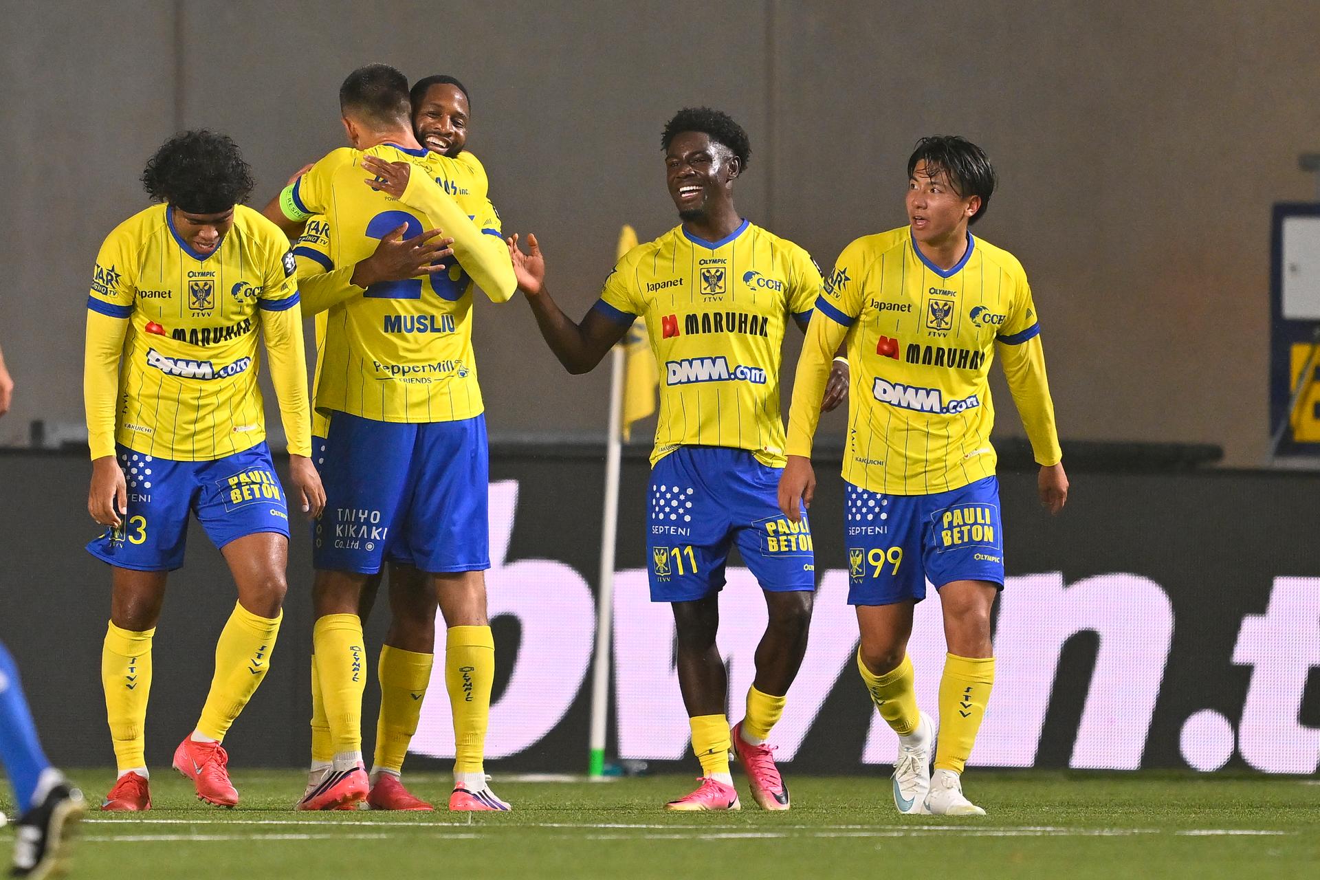 STVV's Abdoulaye Sissako and STVV's Nathanael Mbuku celebrate after scoring during a soccer match between Sint-Truidense VV, Sunday 18 October 2026 in Sint-Truiden, in the 1/16 final of the Croky Cup Belgian cup competition. BELGA PHOTO JOHAN EYCKENS