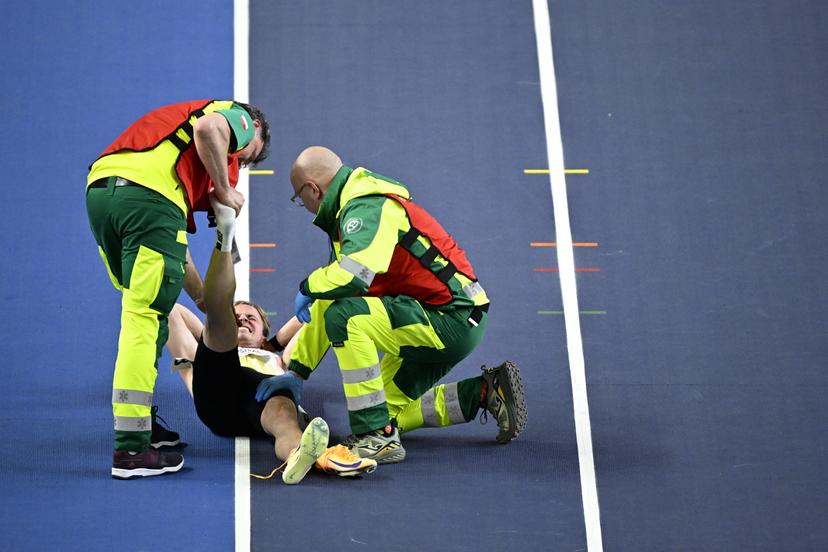 Belgian Simon Verherstraeten gets injured after the start of the men's 60m final at the first day of the World Athletics Indoor Championship in Torun, Poland on Friday 20 March 2026. The championships take place from 20 to 22 March. BELGA PHOTO JASPER JACOBS