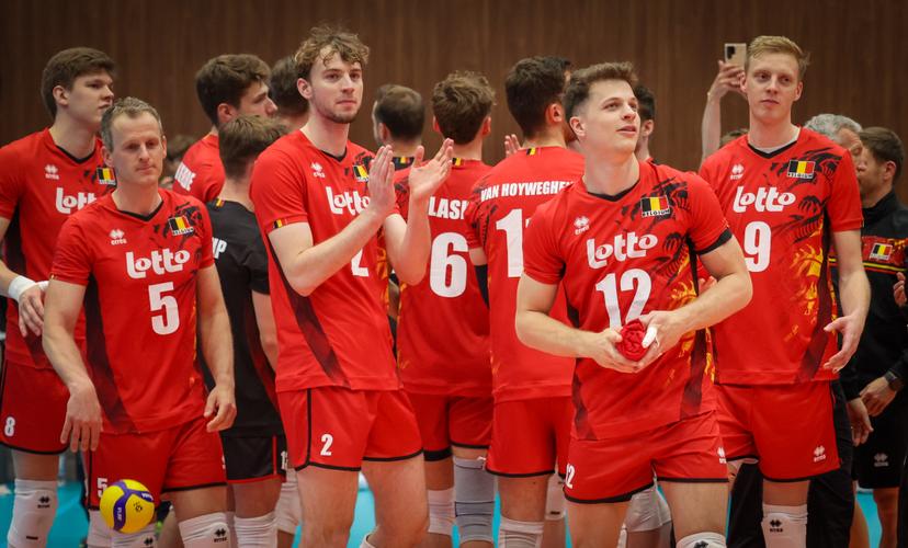 Belgium's players celebrate after winning a volleyball match between Belgium's national men's volleyball team, the Red Dragons, and the Azeri national men's volleyball team, in match 3/6 of the League Round of the European Golden League men, in Beveren, Friday 24 May 2024. BELGA PHOTO VIRGINIE LEFOUR