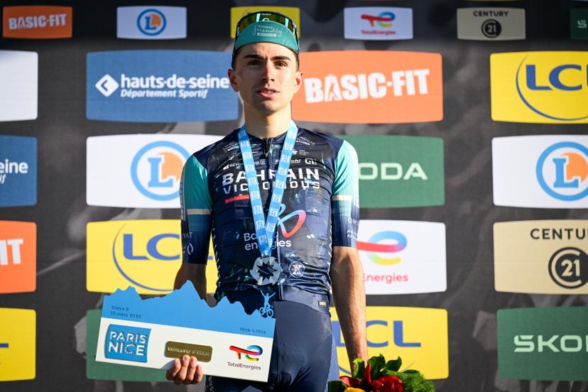 French Lenny Martinez of Bahrain Victorious celebrates on the podium after winning the final stage of 84th edition of the Paris-Nice cycling race, a race from Nice to Nice (129,2 km), on Sunday 15 March 2026. BELGA PHOTO DAVID PINTENS