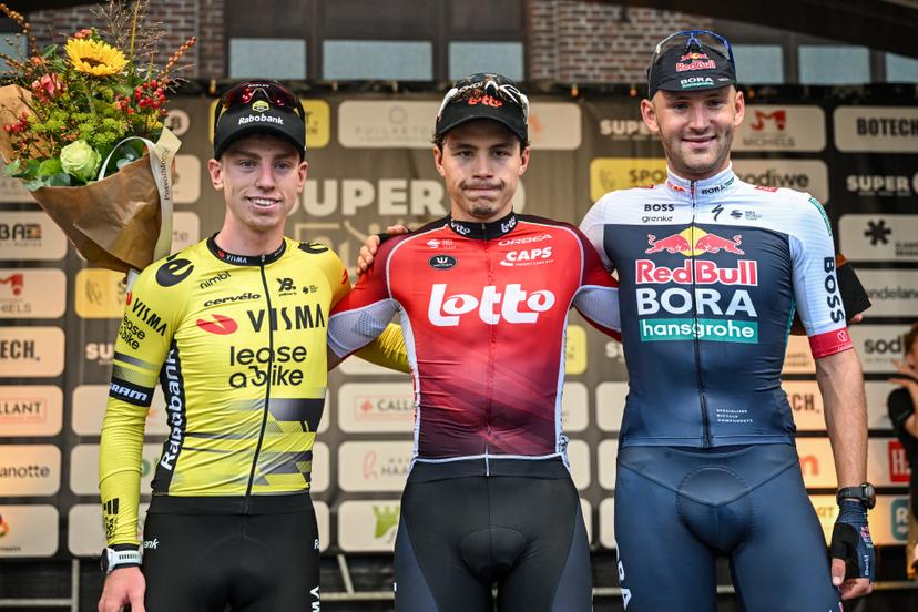 British James Matthew Brennan of Team Visma-Lease a Bike, Belgian Arnaud De Lie of Lotto Cycling Team and Belgian Jordi Meeus of RedBull-BORA-hansgrohe pictured on the podium after the Super 8 Classic one day cycling race 200,7km from Brakel to Boortmeerbeek, on Saturday 20 September 2025. BELGA PHOTO DAVID PINTENS