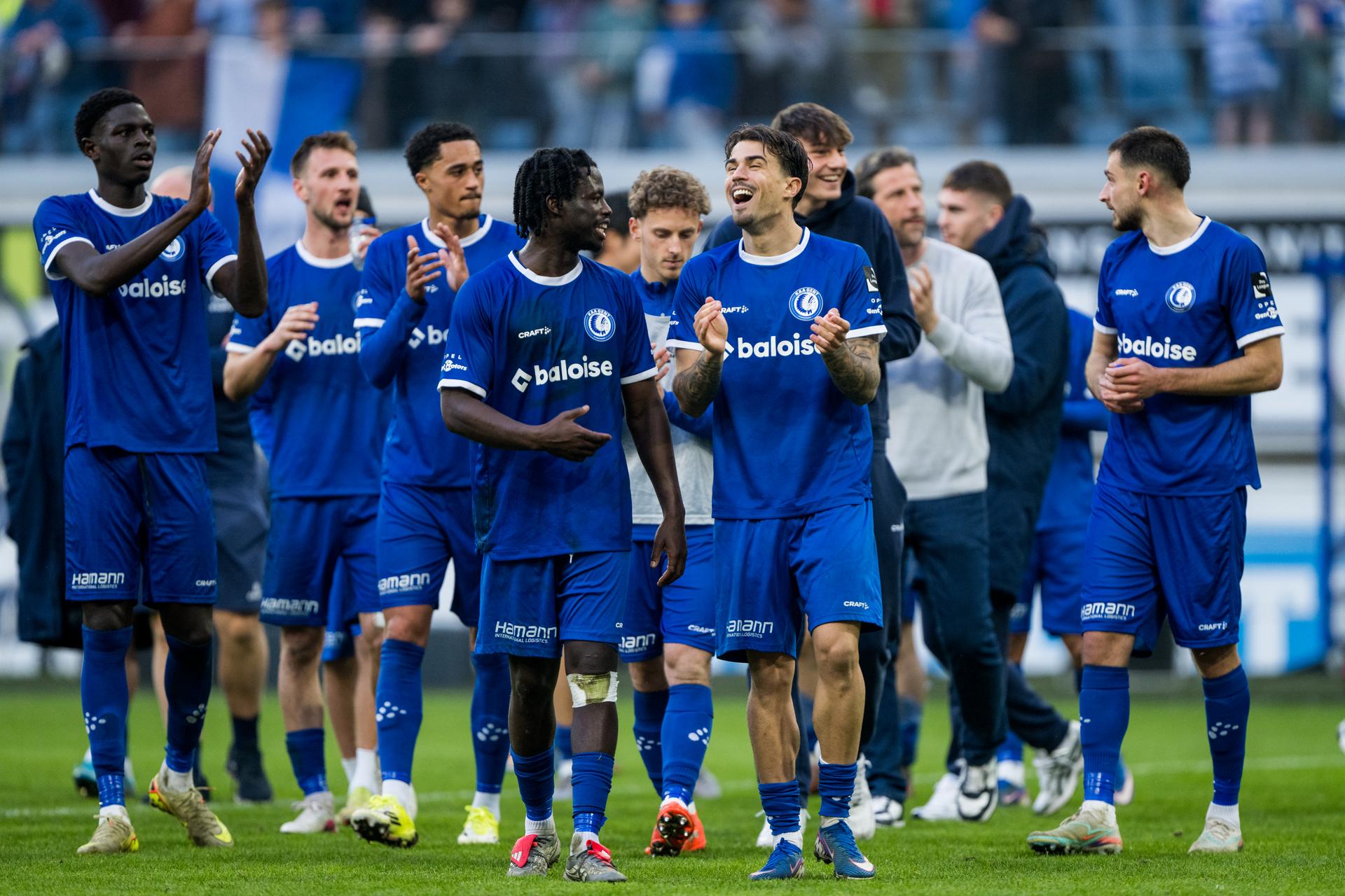 Gent's players celebrate after winning a soccer match between KAA Gent and KV Mechelen, Sunday 08 March 2026 in Gent, on day 26 of the 2025-2026 'Jupiler Pro League' first division of the Belgian championship. BELGA PHOTO JASPER JACOBS