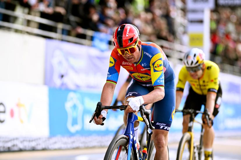 Danish Mads Pedersen of Lidl-Trek crosses the finish line of the men elite race of the 'Paris-Roubaix' one day cycling race, 259,2 km from Compiegne to Roubaix, France, on Sunday 13 April 2025. BELGA PHOTO JASPER JACOBS
